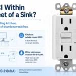 GFCI outlet graphic explaining that the 6-foot sink rule no longer decides every dwelling kitchen receptacle under NEC 210.8(A) while other sink areas still use the 6-foot path