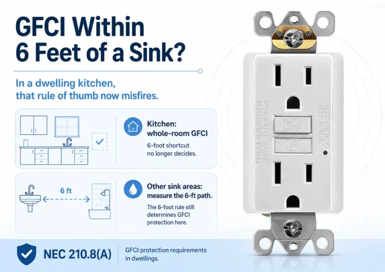 GFCI outlet graphic explaining that the 6-foot sink rule no longer decides every dwelling kitchen receptacle under NEC 210.8(A) while other sink areas still use the 6-foot path