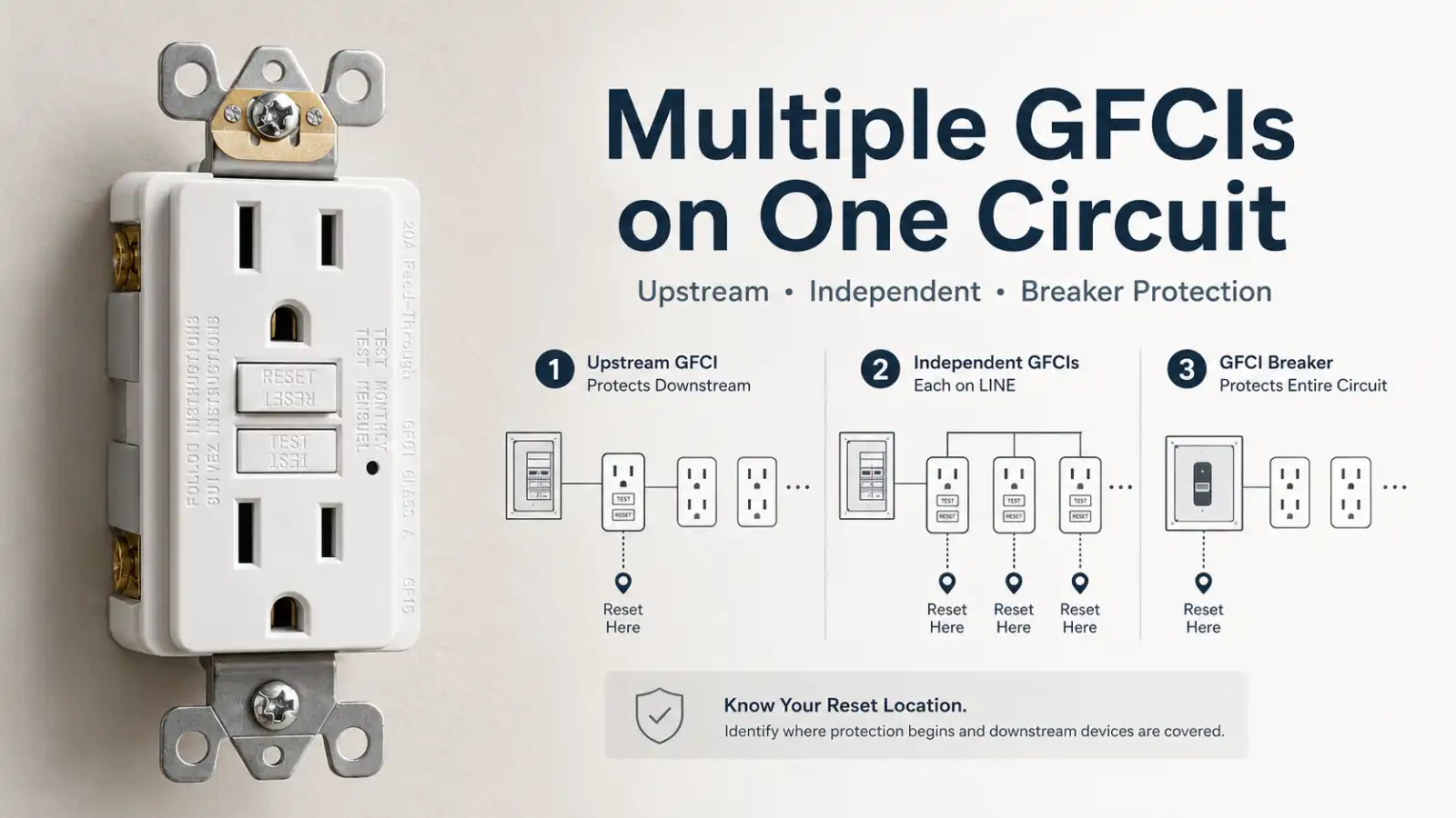 Diagram showing upstream GFCI protection, independent GFCI outlets, and GFCI breaker protection on one circuit.
