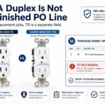 Tamper-resistant receptacle replacement graphic showing a missing TR field on a 15A duplex PO and the correct TR replacement SKU
