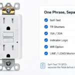 Self-test tamper-resistant GFCI receptacle beside a datasheet checklist separating self-test, TR shutters, indicator logic, WR option, and LINE LOAD marking