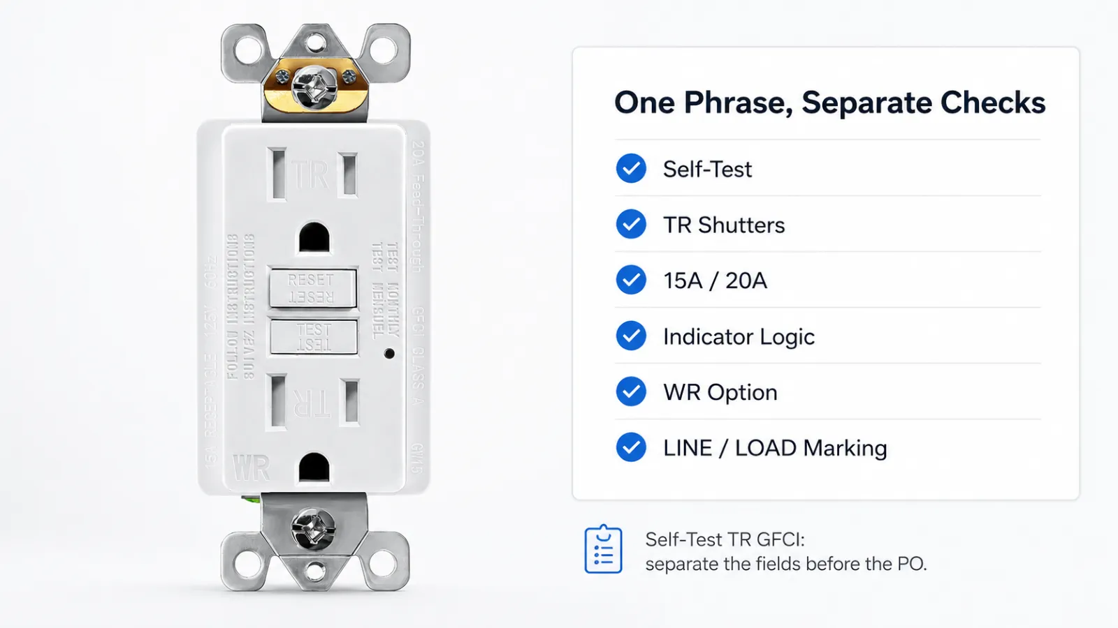 Self-test tamper-resistant GFCI receptacle beside a datasheet checklist separating self-test, TR shutters, indicator logic, WR option, and LINE LOAD marking.