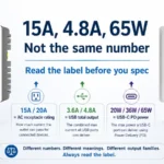 USB outlet amps label reading showing 15A AC rating, 4.8A USB output, and 65W USB-C PD power