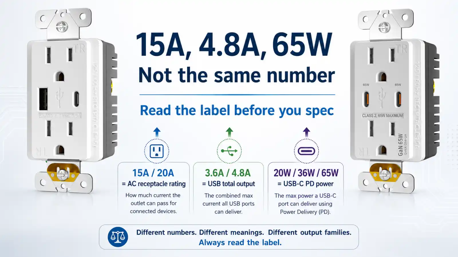 USB outlet amps label reading showing 15A AC rating, 4.8A USB output, and 65W USB-C PD power