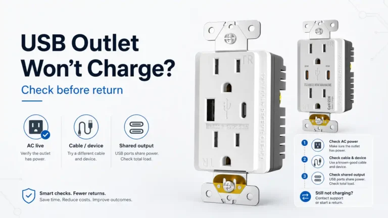 USB outlet one port not working return check showing AC power, cable device, and shared output checks before RMA