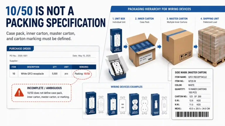 Case pack and carton marking example for switches and receptacles showing why 10/50 does not define the full packaging hierarchy