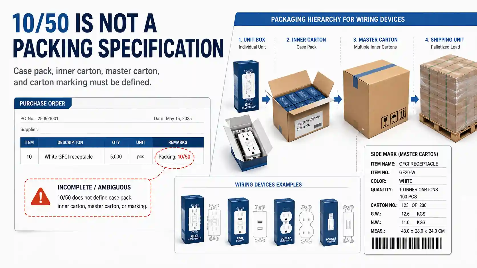 Case pack and carton marking example for switches and receptacles showing why 10/50 does not define the full packaging hierarchy