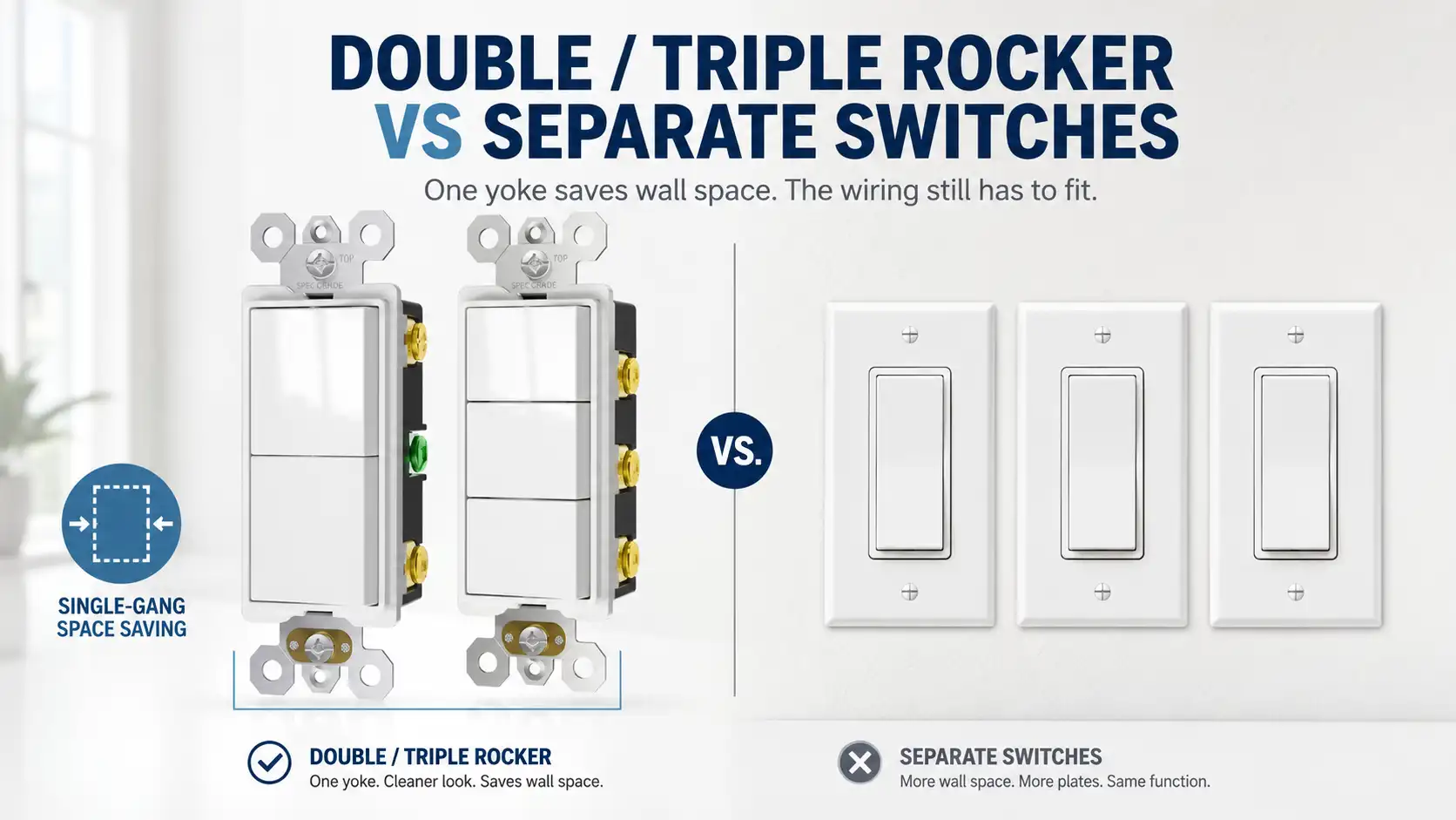 Double and triple rocker switches compared with separate single-pole switches for wall space, device yoke fill and service options