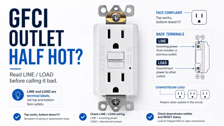 GFCI outlet graphic explaining that a half-hot complaint should be checked as a LINE and LOAD wiring issue before the device is called defective