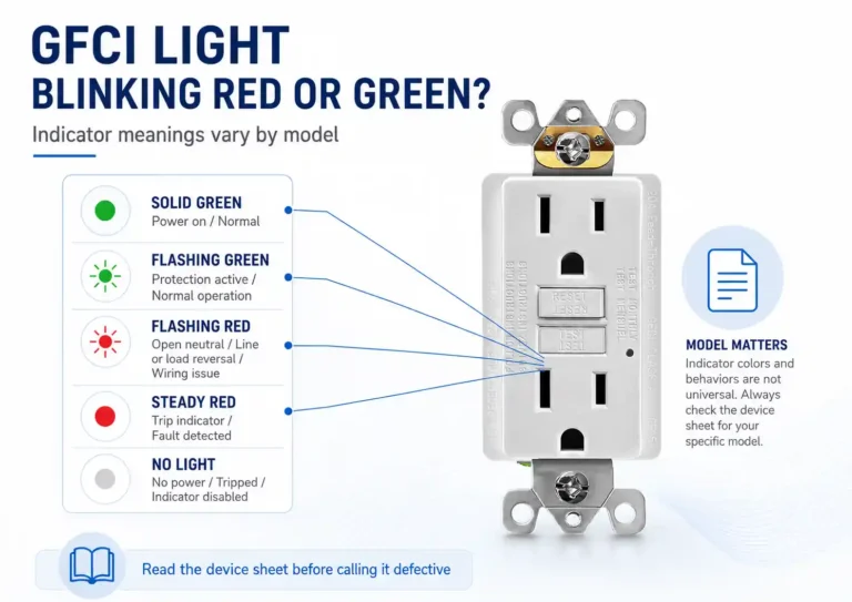 GFCI outlet indicator light guide showing red, green, flashing, and no-light states with a reminder that meanings vary by model