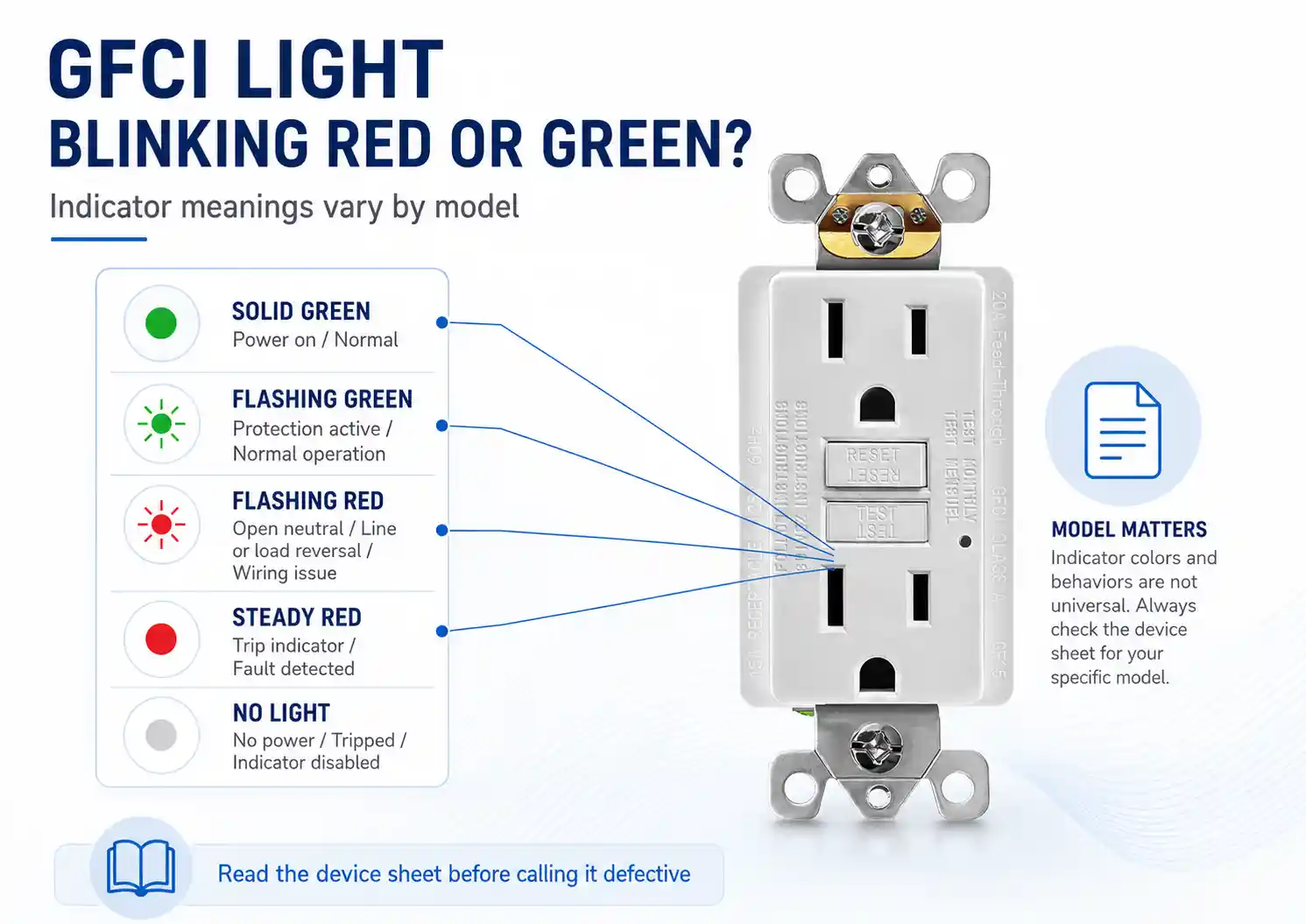 GFCI outlet indicator light guide showing red, green, flashing, and no-light states with a reminder that meanings vary by model