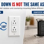 Wall-mounted receptacle rotated upside down compared with a face-up countertop installation requiring a listed receptacle assembly