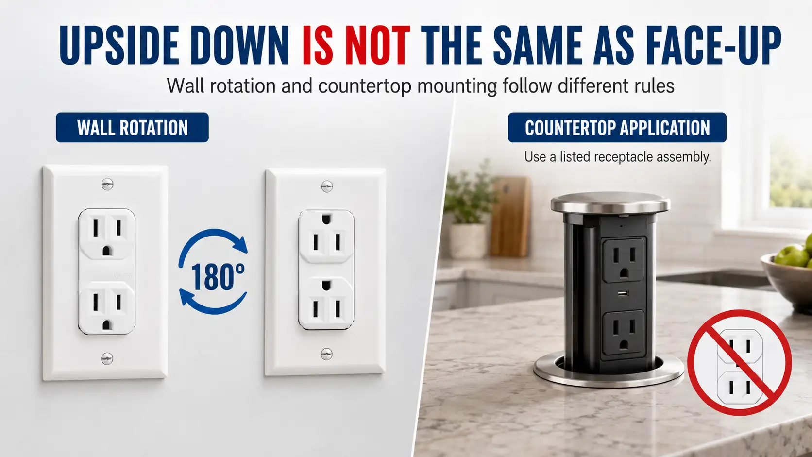 Wall-mounted receptacle rotated 180 degrees compared with a face-up countertop installation requiring a listed receptacle assembly