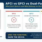 White GFCI receptacle beside icons comparing AFCI, GFCI, and dual-function protection for purchase-order specifications.