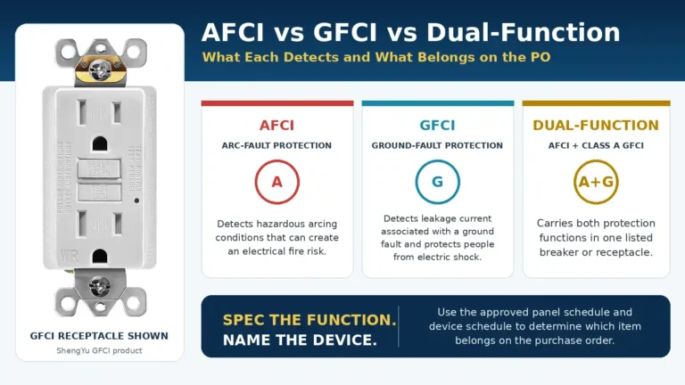 White GFCI receptacle beside icons comparing AFCI, GFCI, and dual-function protection for purchase-order specifications.